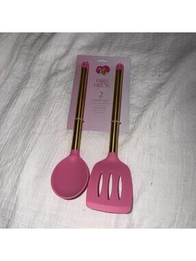 NWT Paris Hilton 2 Piece Tool Set Pink Gold Spoon Slot Turner Stainless Silicone